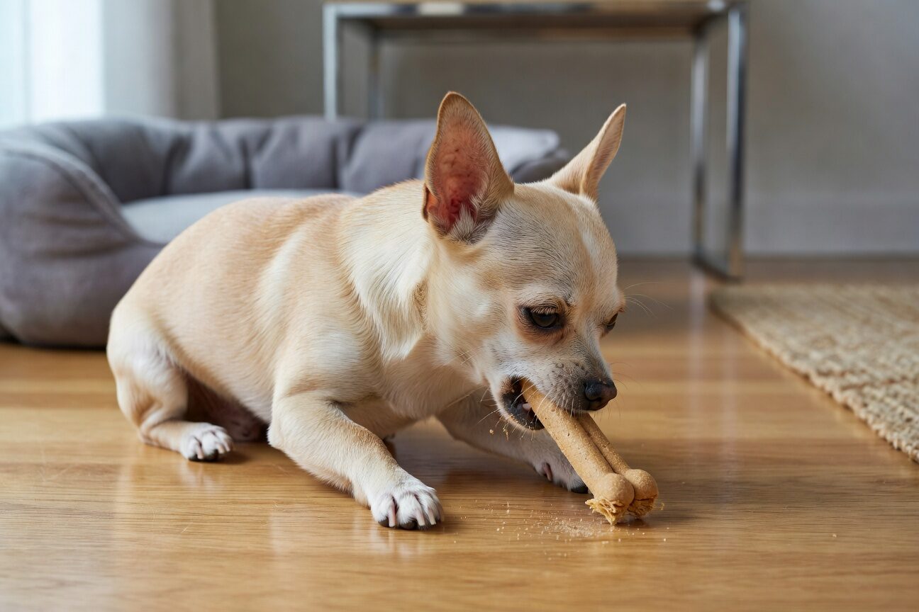 Chihuahua with dental chew treat