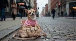 Chihuahua in pink sweater sitting inside a designer handbag