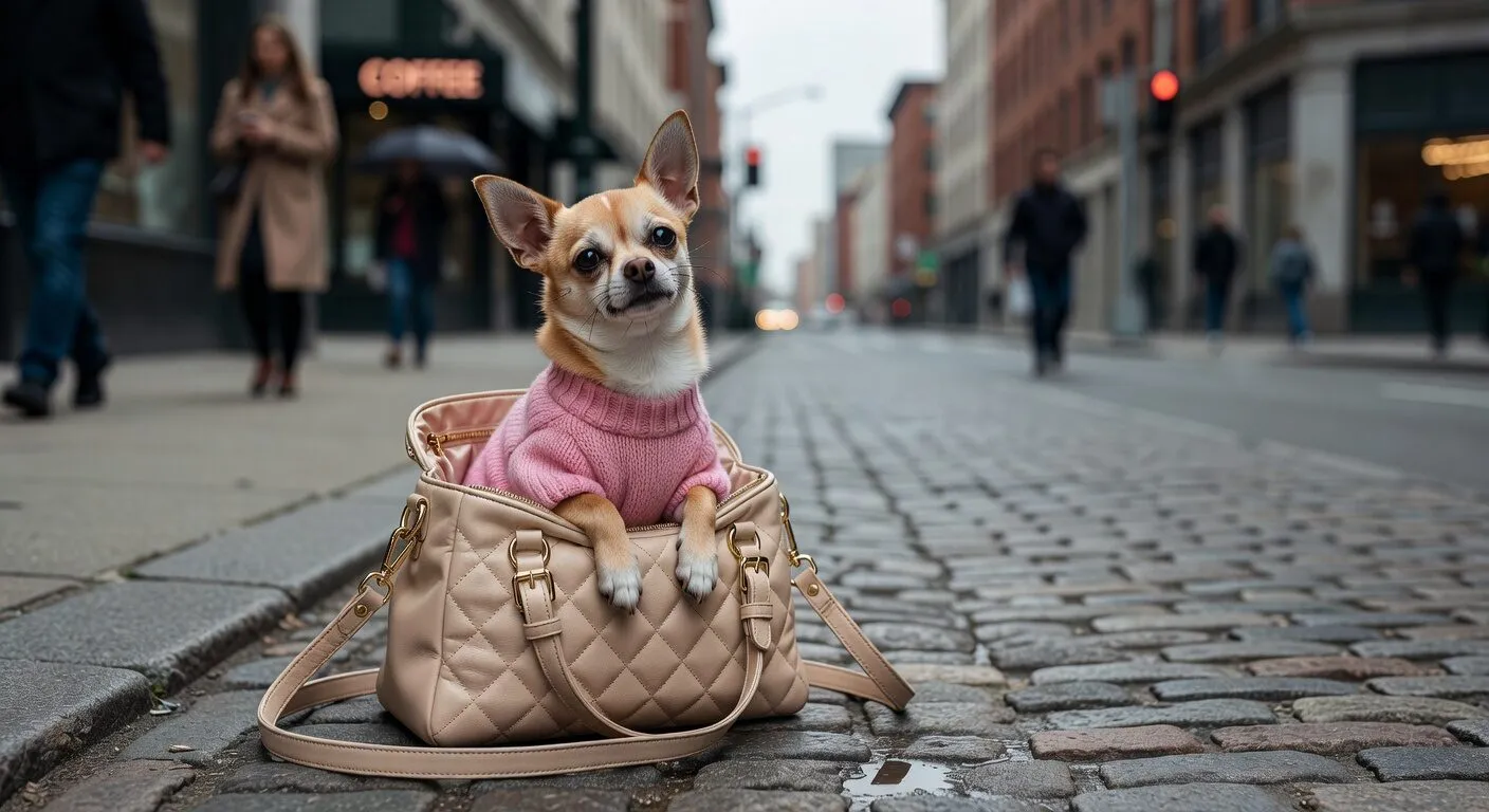 Chihuahua in pink sweater sitting inside a designer handbag