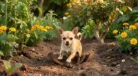 Chihuahua digging hole in backyard garden