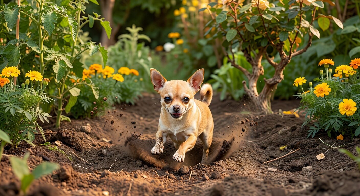 Chihuahua digging hole in backyard garden