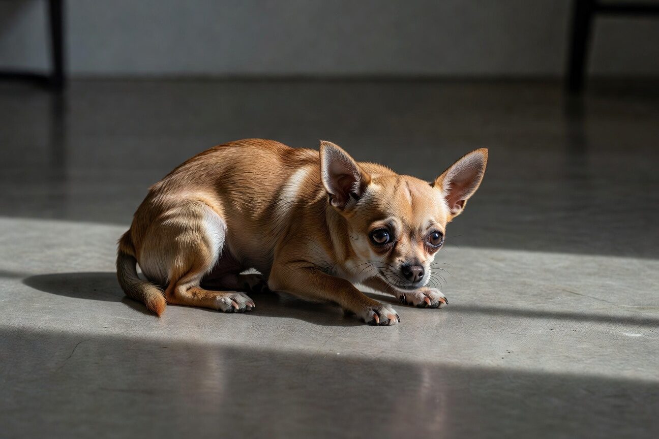Scared chihuahua with ears pinned back