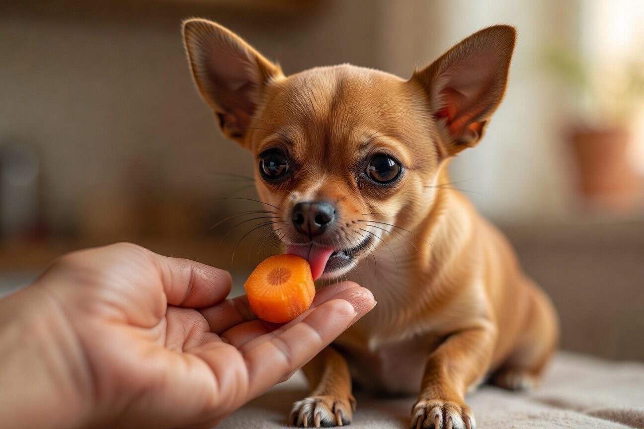 Chihuahua eating safe carrot treat