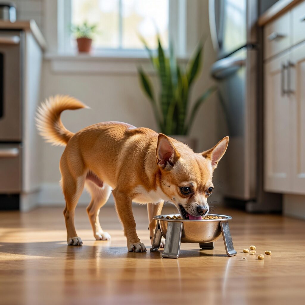 Chihuahua happily eating from an elevated food bowl