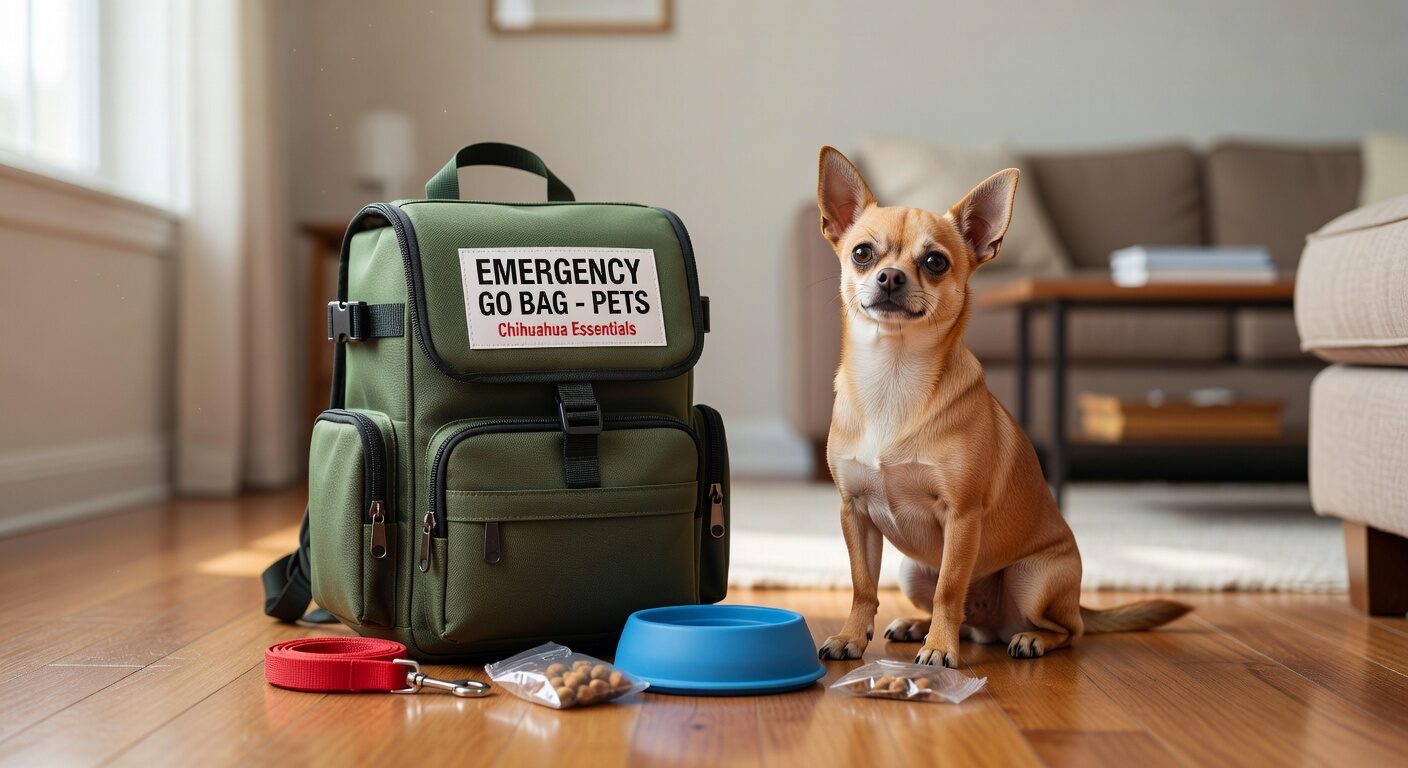 Chihuahua next to emergency preparedness go bag