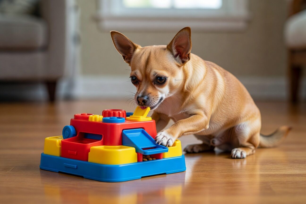 Chihuahua distracted from licking with enrichment toy