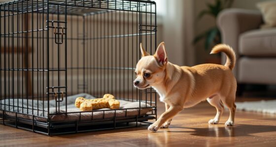 Chihuahua entering crate willingly for treat