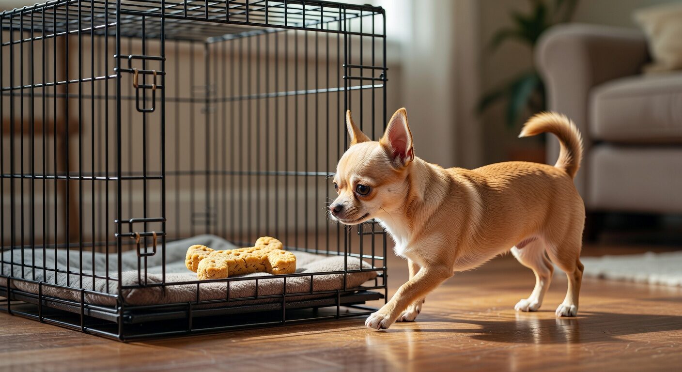 Chihuahua entering crate willingly for treat