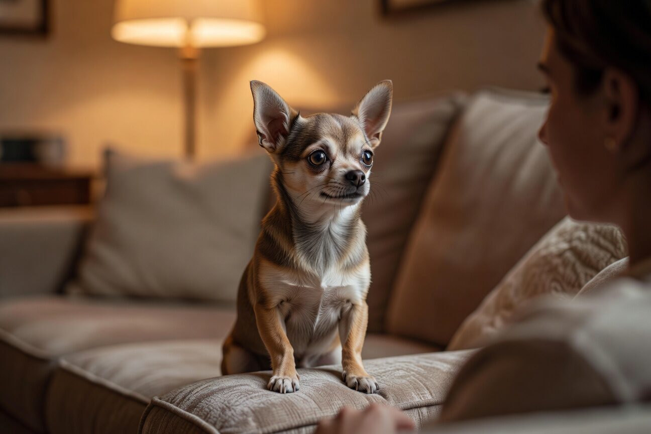 Chihuahua making intense eye contact showing body language