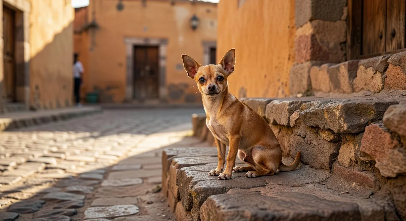 Tiny fawn chihuahua sitting on stone steps in a Mexican village