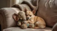 Chihuahua cuddling favorite stuffed toy
