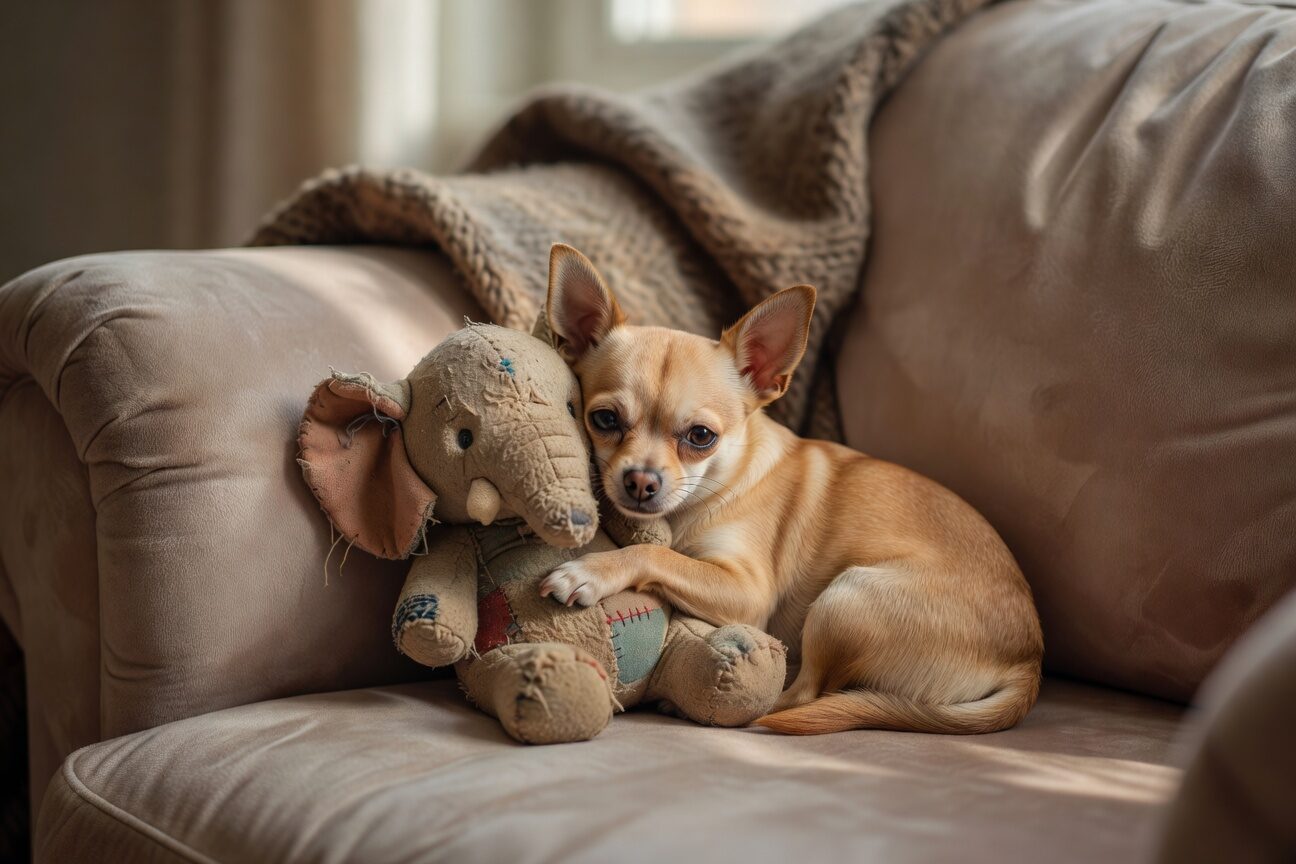 Chihuahua cuddling favorite stuffed toy