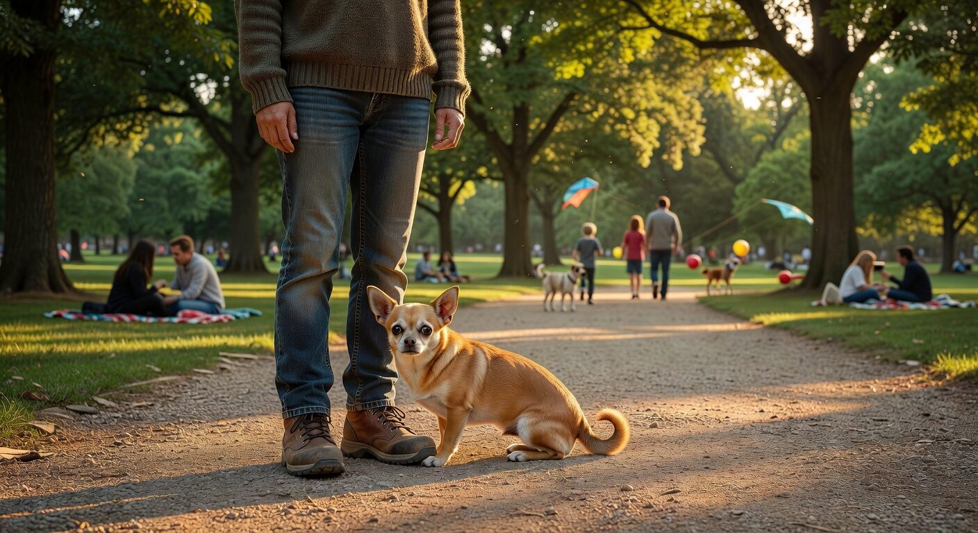 Fearful chihuahua hiding behind owner at park