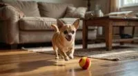 Chihuahua fetching a small squeaky ball across a living room floor