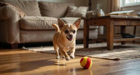 Chihuahua fetching a small squeaky ball across a living room floor