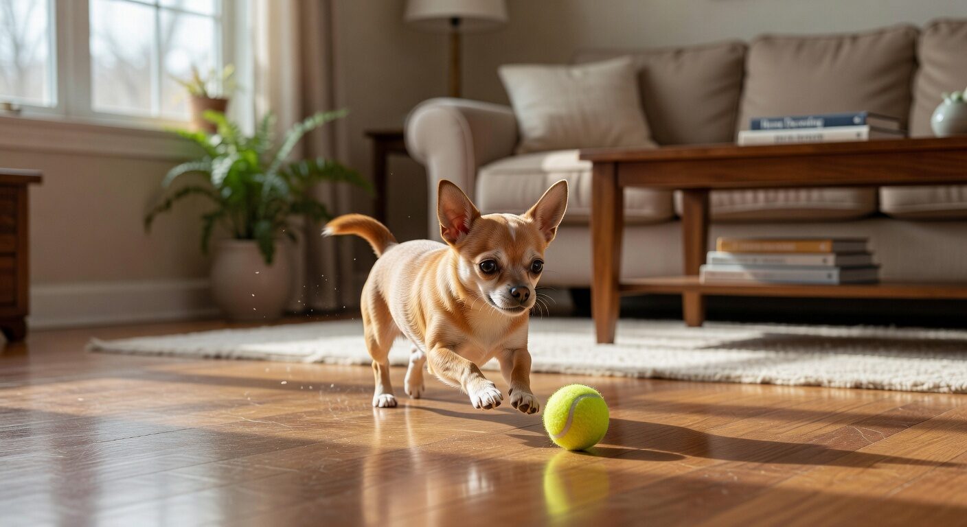 Chihuahua playing fetch with small ball