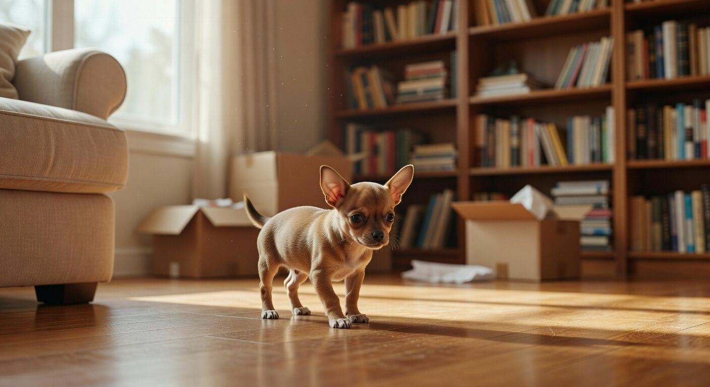 Chihuahua puppy exploring home on first day