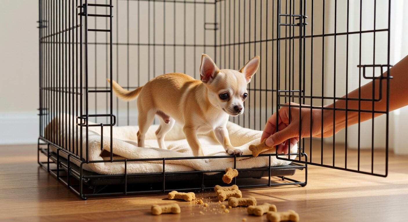 Chihuahua being introduced to crate with treats Chihuahua being introduced to crate with treats