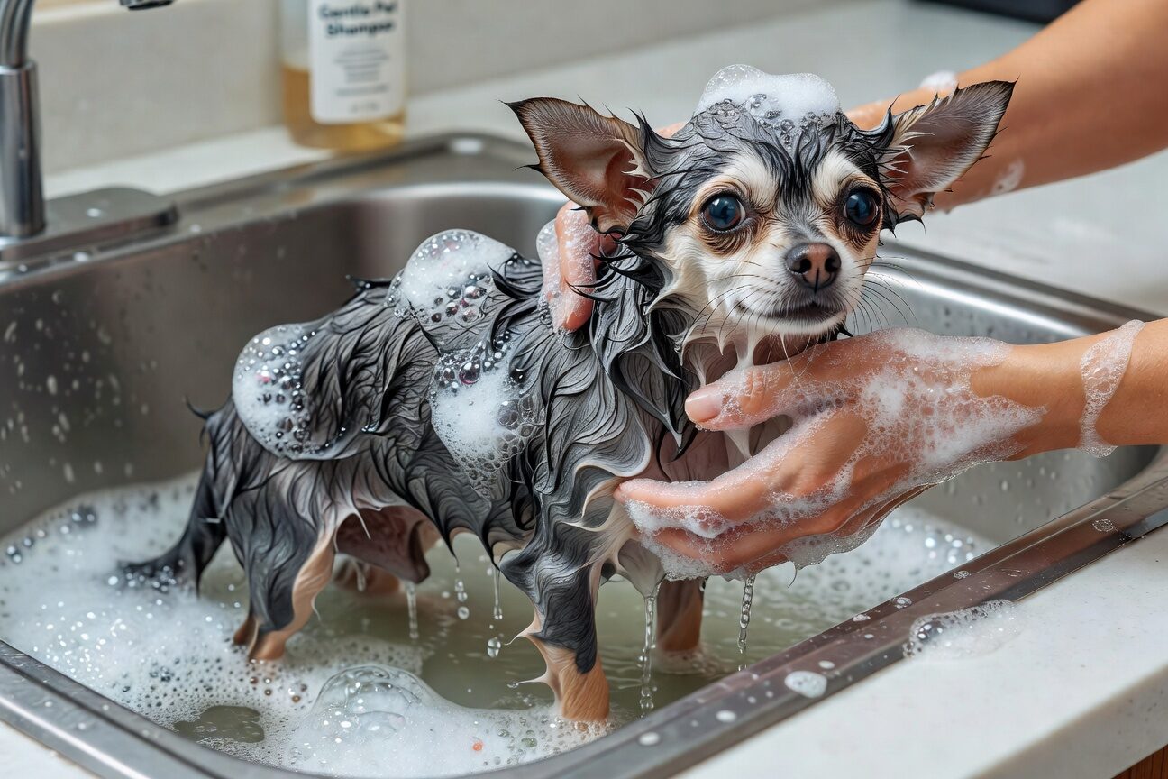 Chihuahua getting flea bath in sink