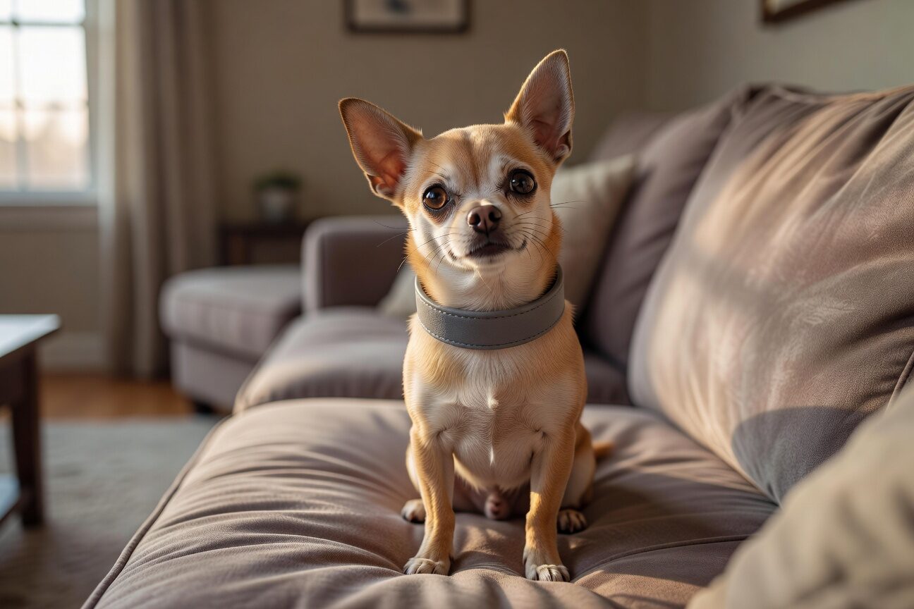 Chihuahua wearing flea and tick prevention collar
