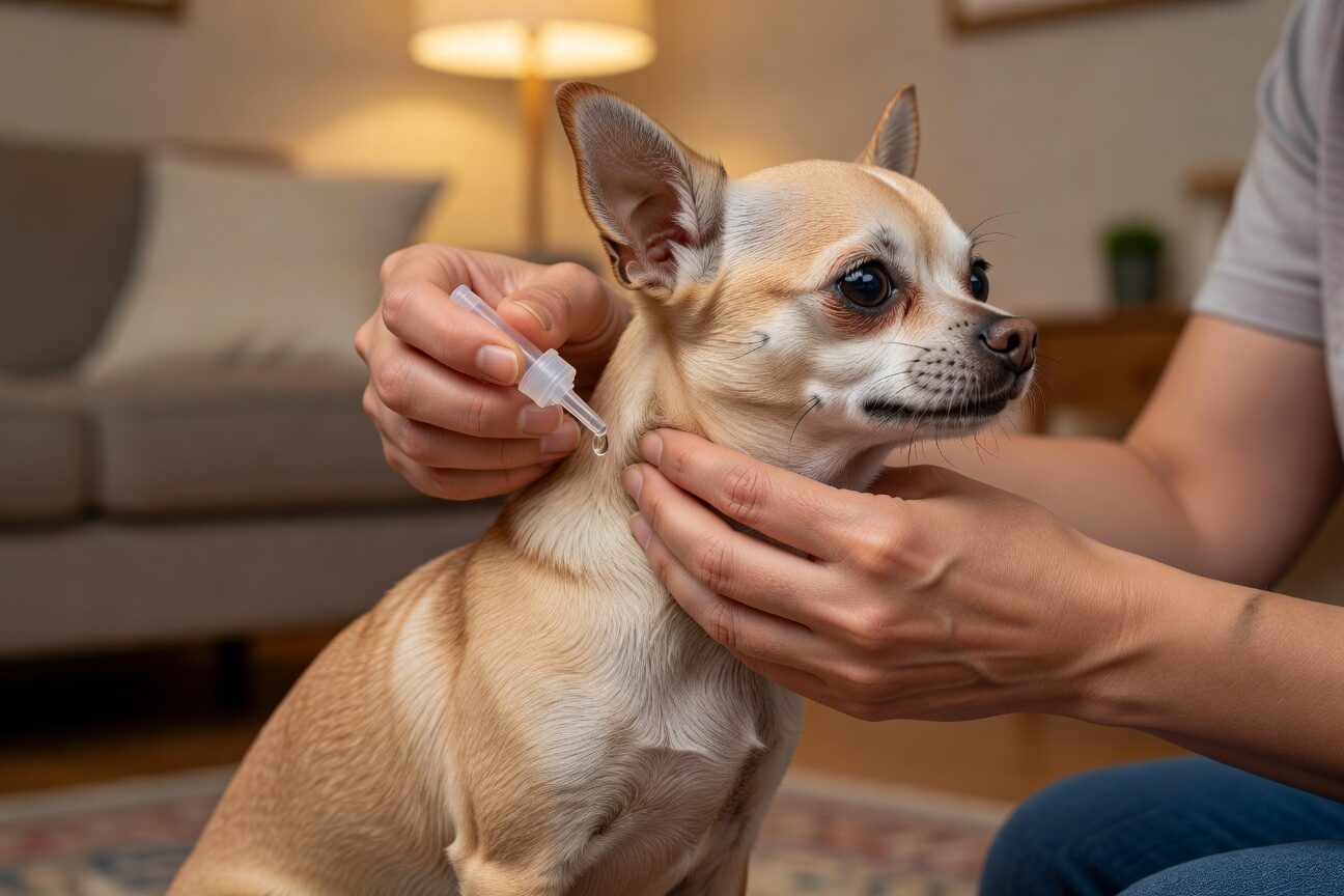 Owner applying flea treatment to chihuahua