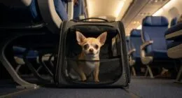 Chihuahua in an airline-approved carrier under an airplane seat