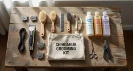 Chihuahua grooming kit tools spread out