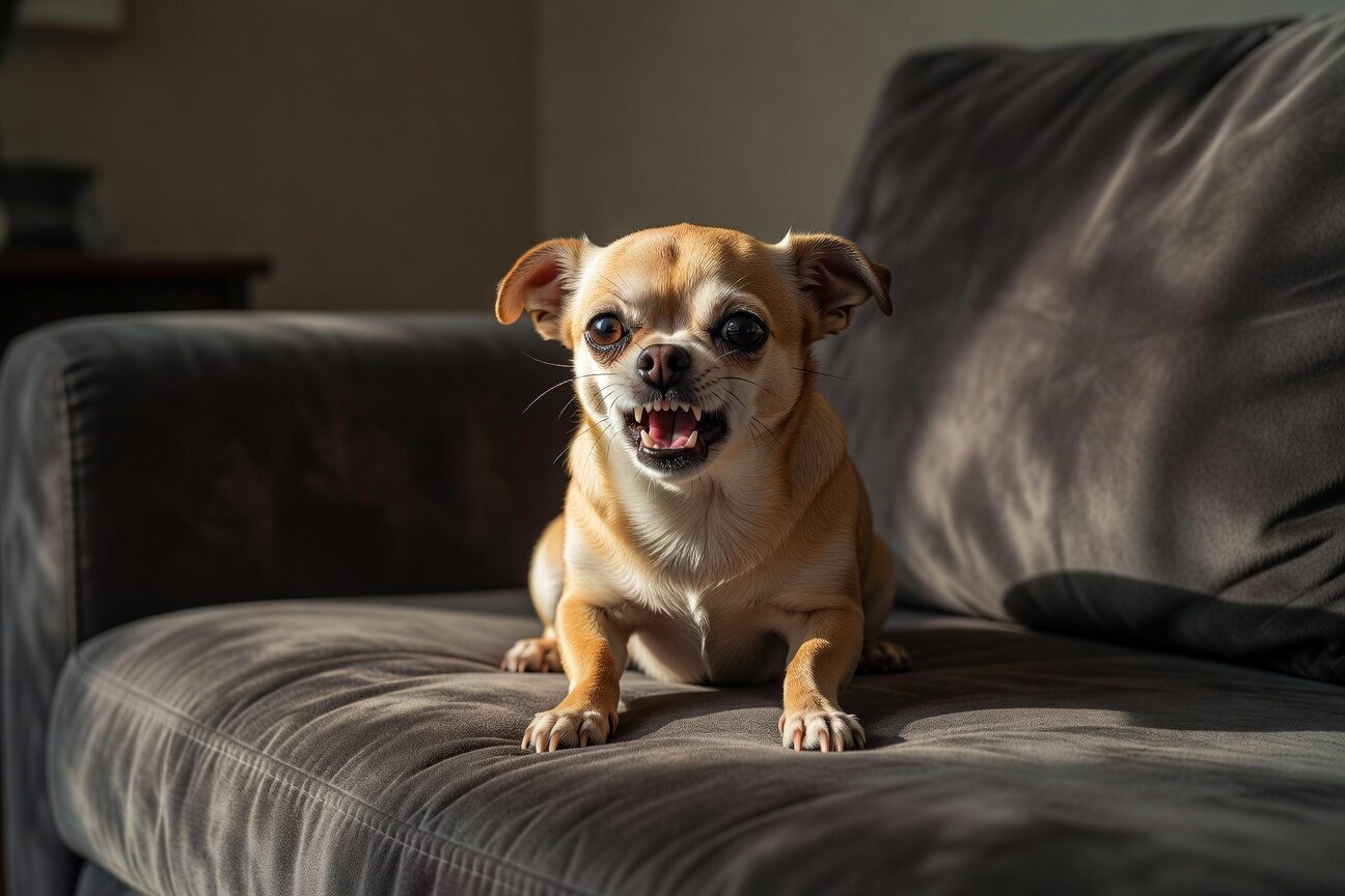 Chihuahua guarding couch territory