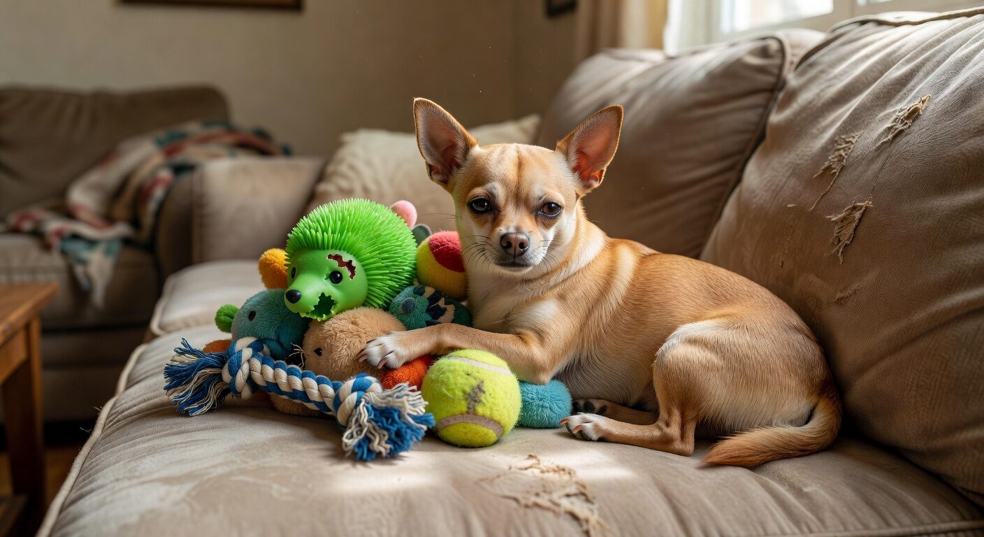 Chihuahua guarding its toy collection possessively
