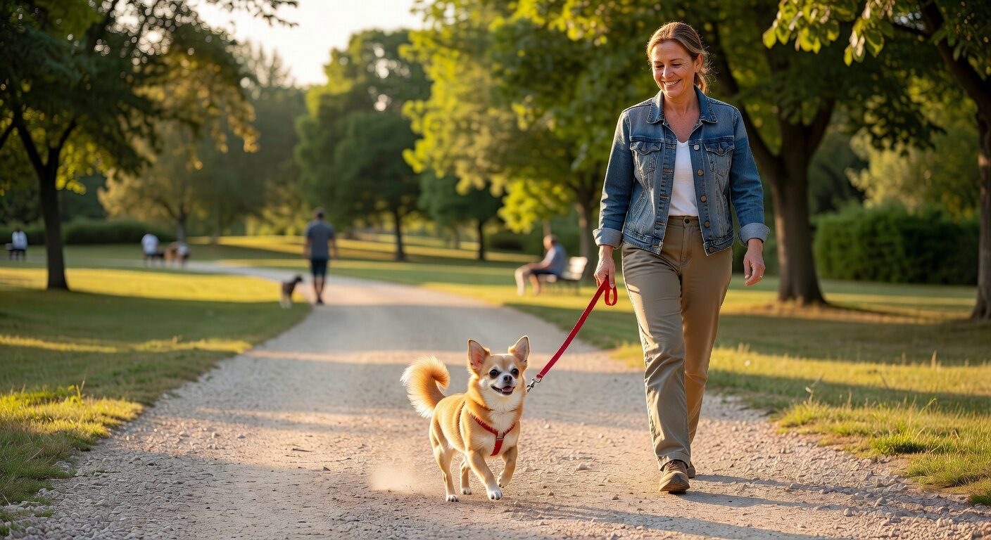 Chihuahua and owner bonding on walk