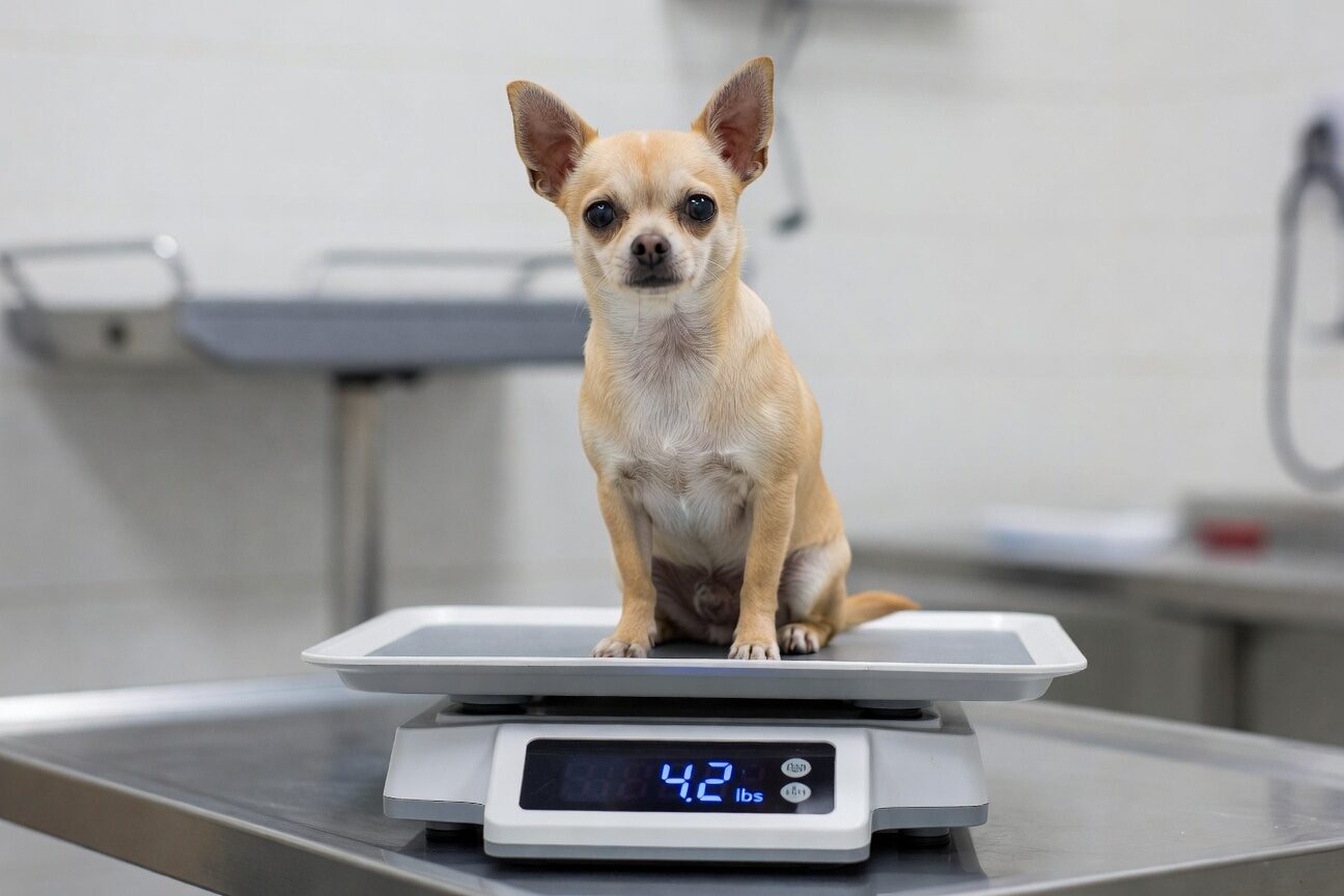 Chihuahua being weighed on pet scale