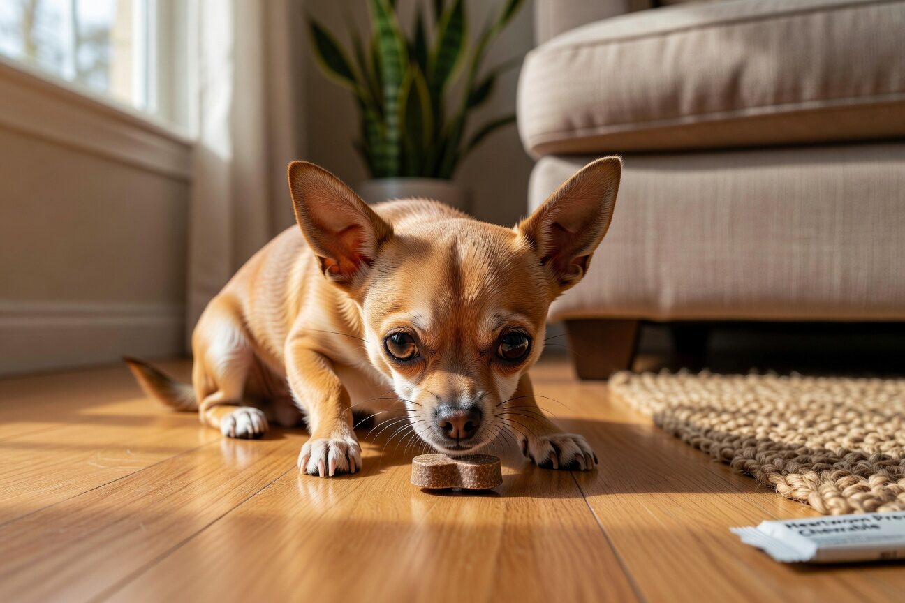 Chihuahua with monthly heartworm prevention pill
