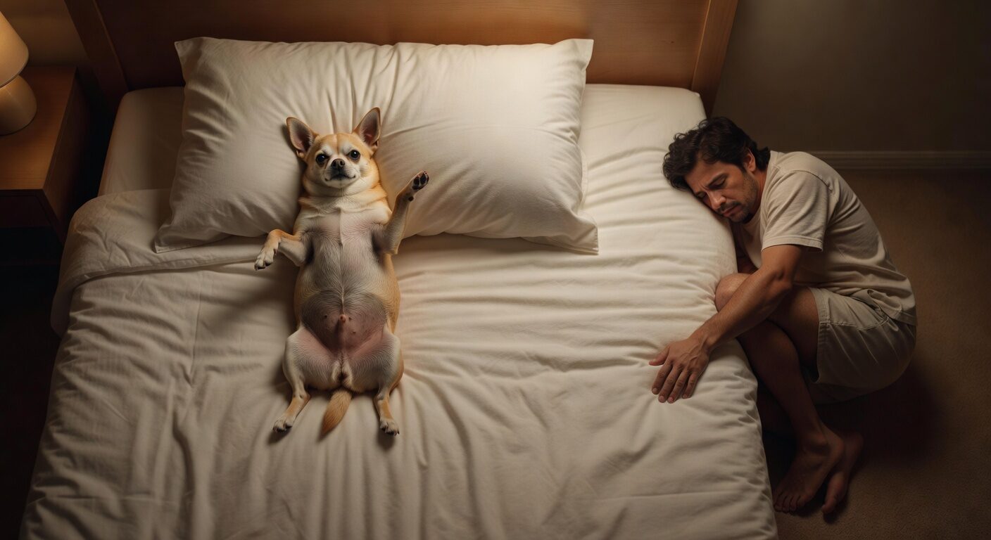 Chihuahua sprawled in the center of a large bed taking up all the space