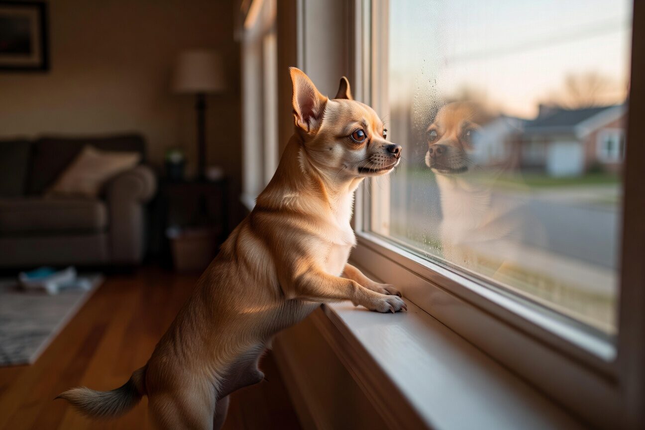 Chihuahua looking out window waiting