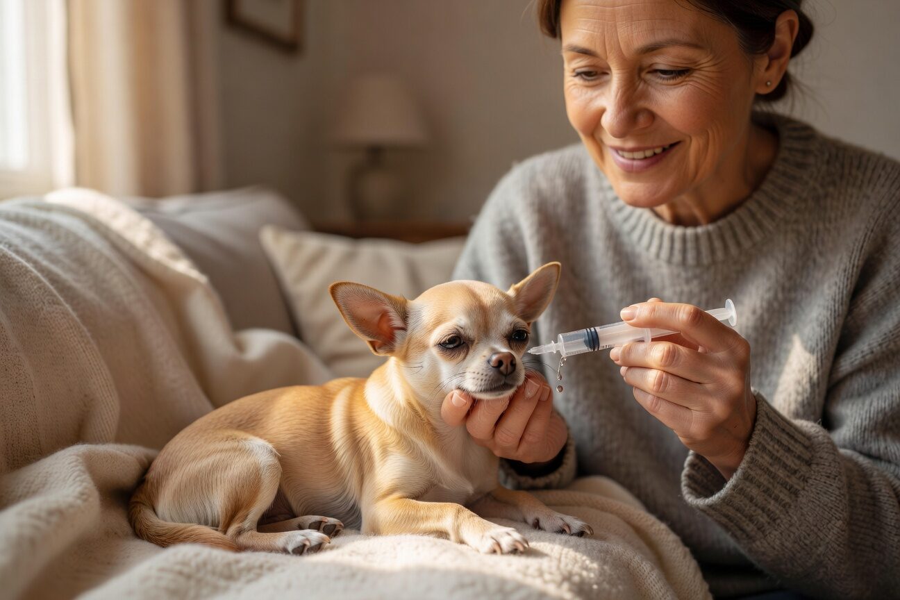 Owner helping sick chihuahua stay hydrated