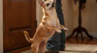 Chihuahua jumping up on guest at door