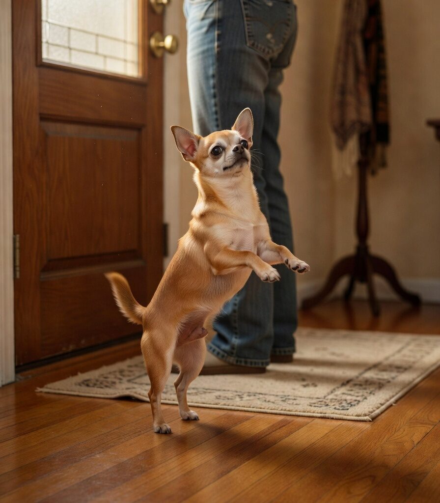 Chihuahua jumping up on guest at door