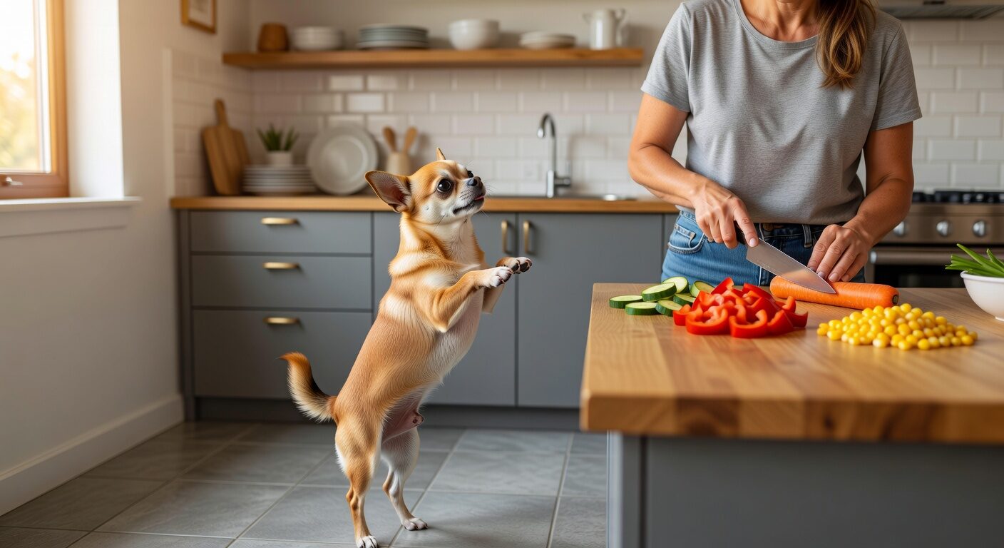 Chihuahua begging for vegetables in kitchen