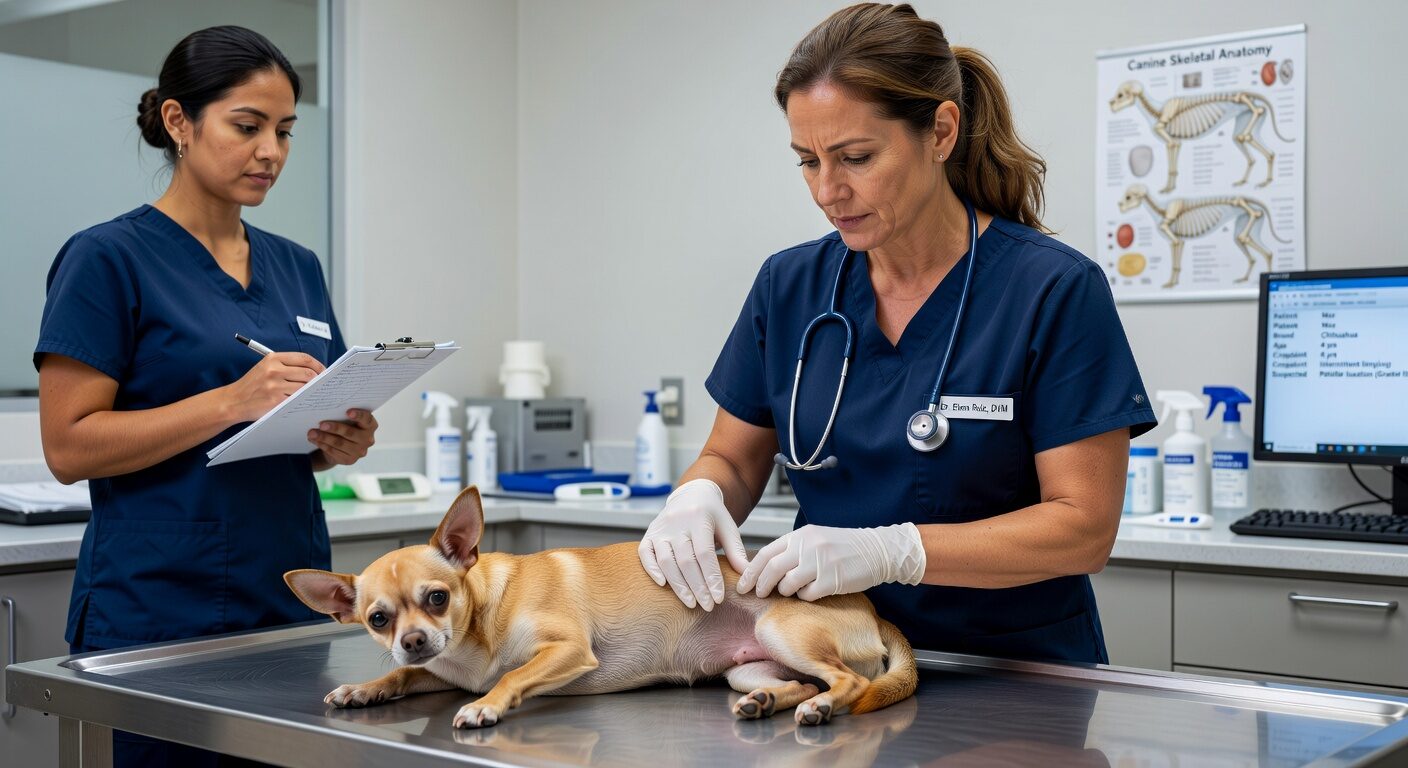 Vet examining chihuahua knee Vet examining chihuahua knee