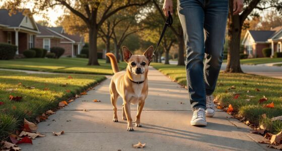Chihuahua walking on leash during a neighborhood walk