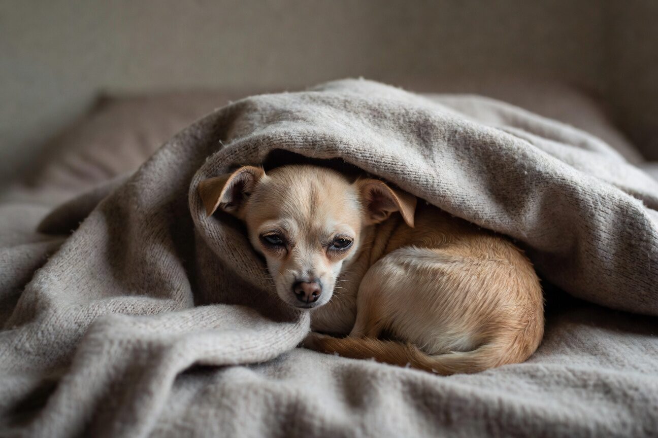 Lethargic chihuahua hiding under blanket