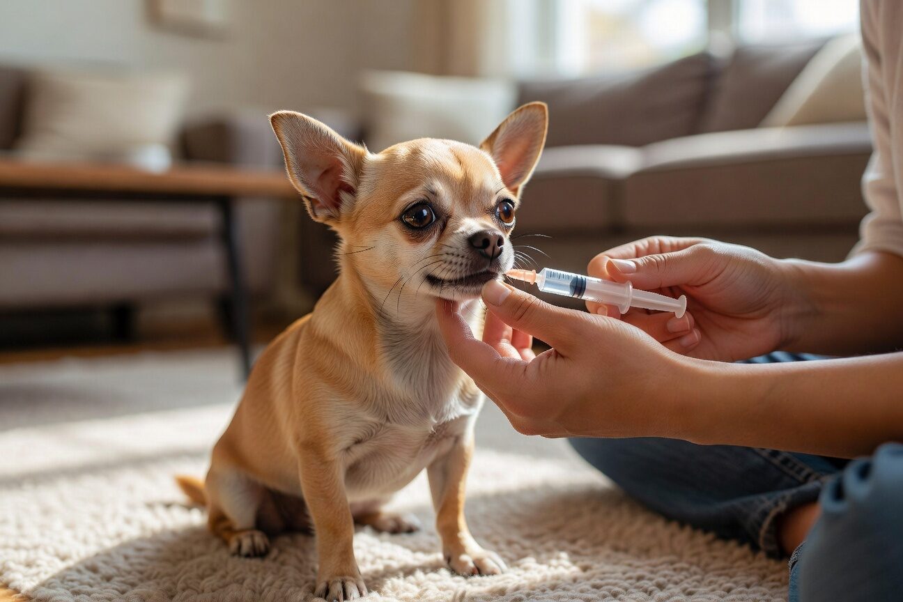 Chihuahua receiving oral medicine at home