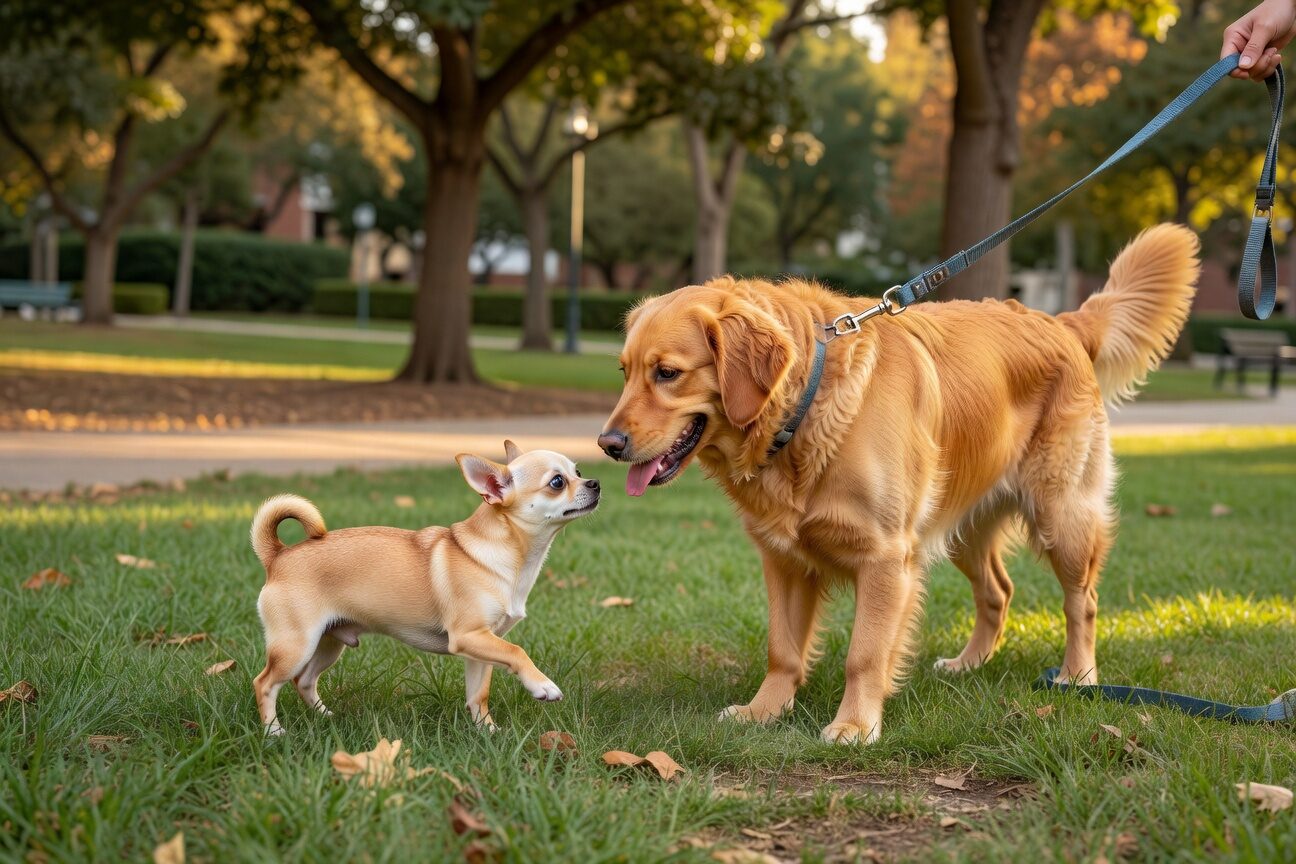 Chihuahua cautiously meeting another dog