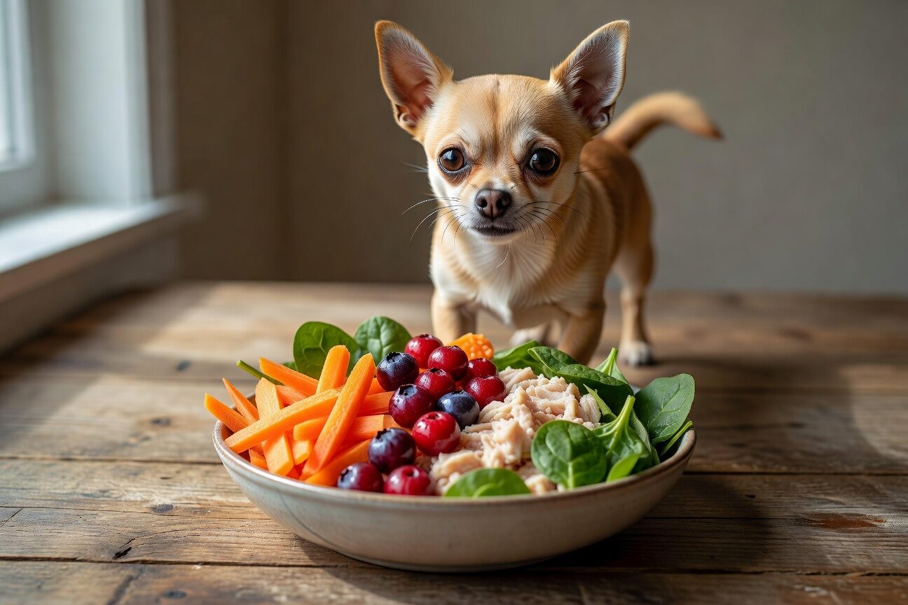 Chihuahua with bowl of natural fresh food