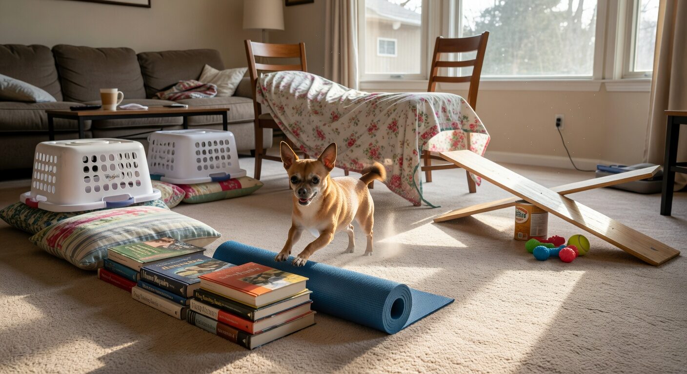 Chihuahua doing indoor obstacle course