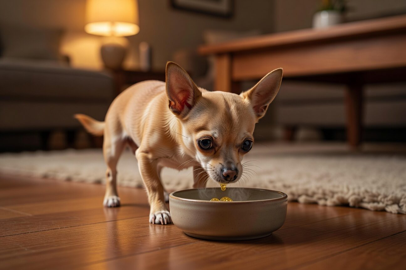 Chihuahua sniffing fish oil supplement in bowl