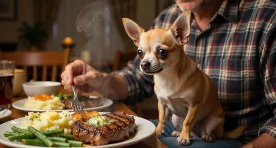 Chihuahua sitting on owner lap at dinner table