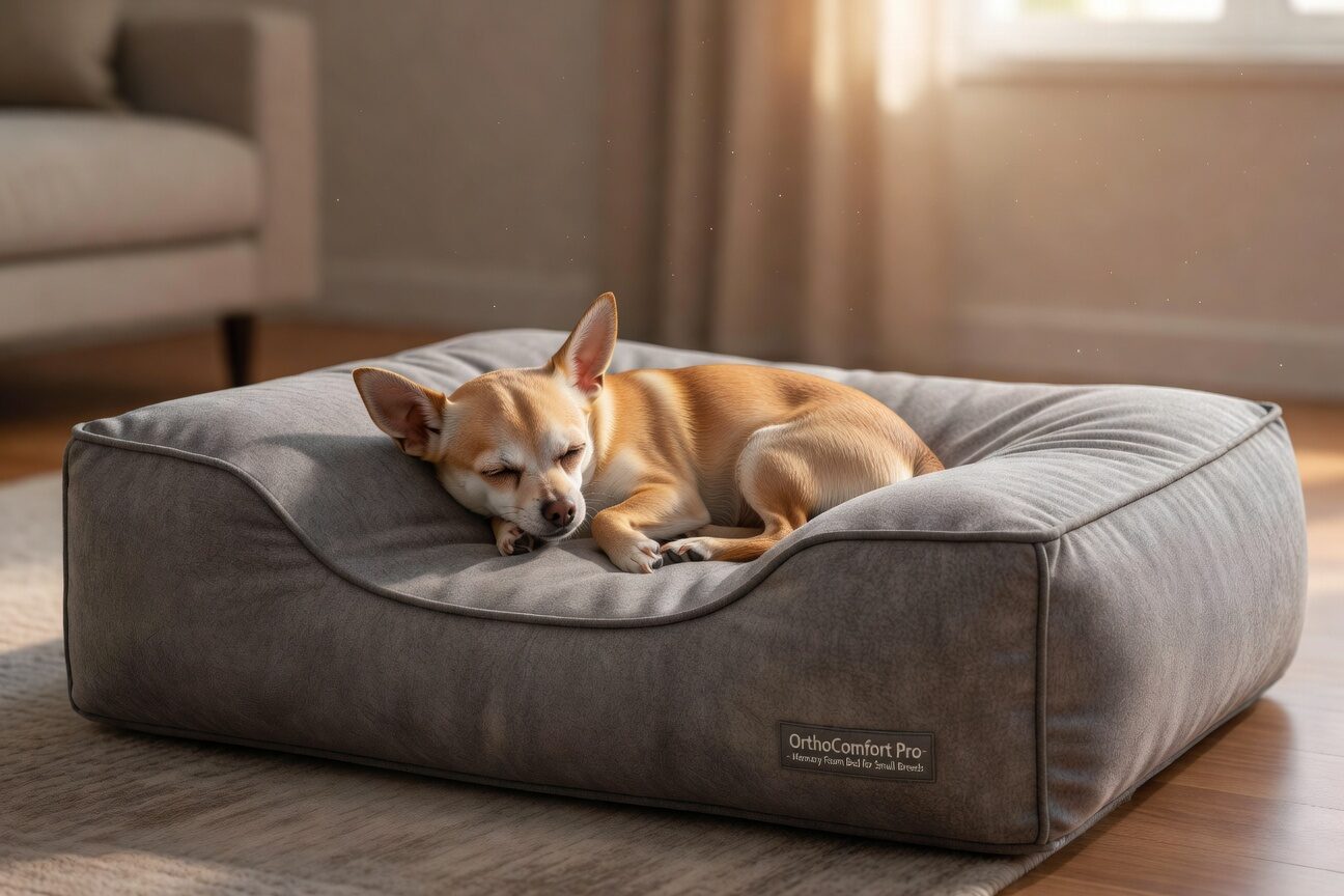 Chihuahua resting on orthopedic bed for hip support