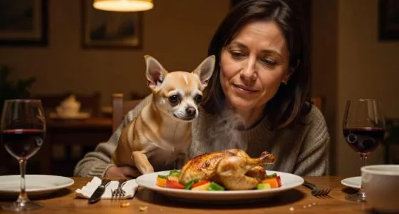 Chihuahua begging for food on owners lap at dinner table