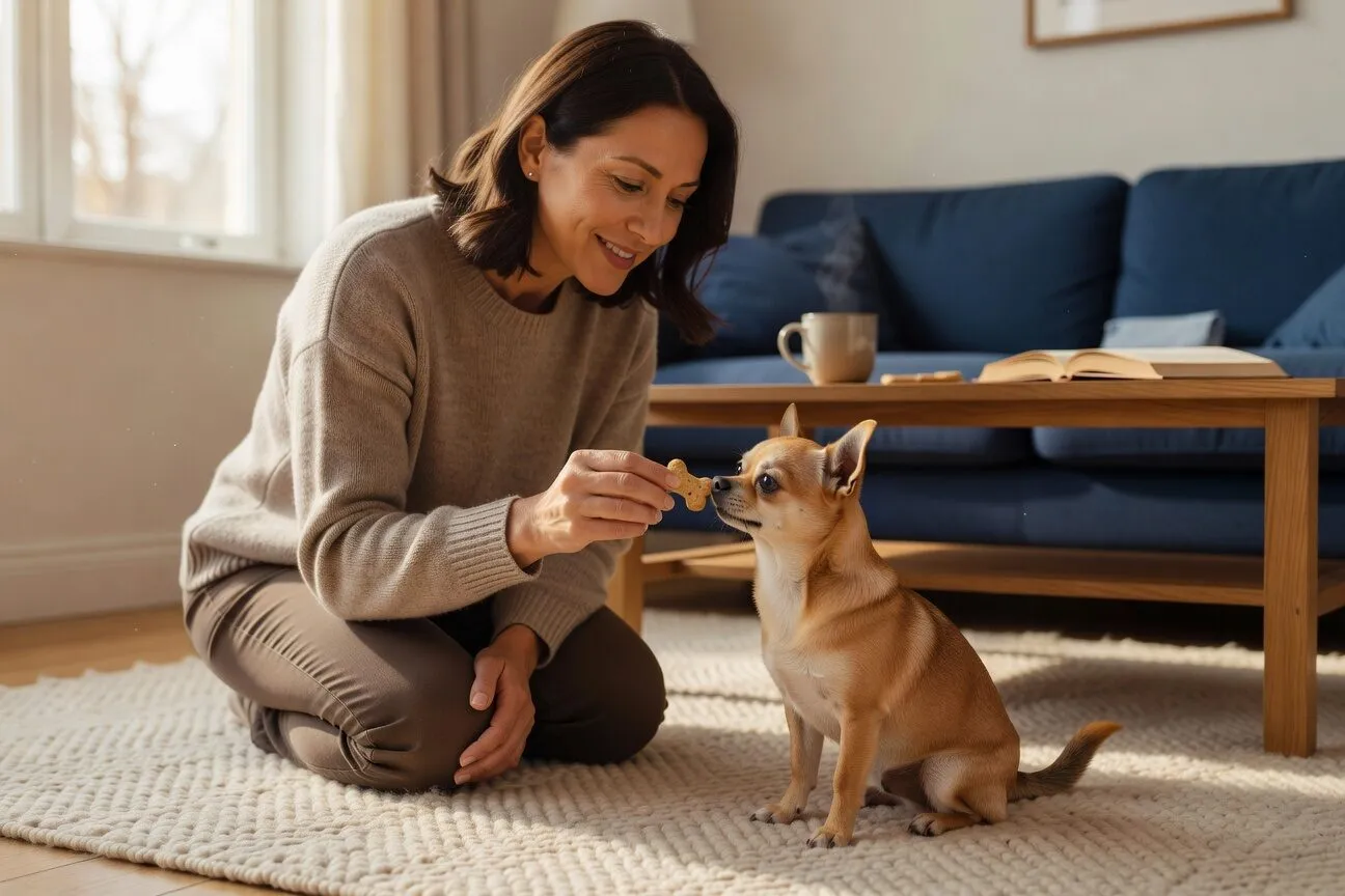 Chihuahua getting treat reward during training